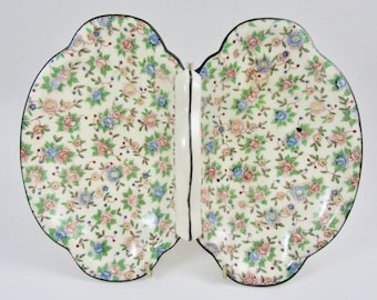 Vintage Floral Chintz Dish, Hand Painted Japanese, Double Tray Trinket Dish
