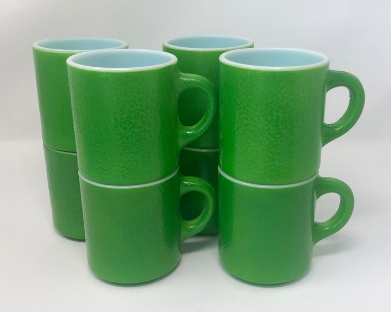 Vintage Green Milk Glass Mugs Citrus L Finish Set Of Eight Coffee Cups