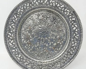 Assiette murale islamique gravée et percée à la main, oiseaux, lapins, fleurs, cuivre argenté