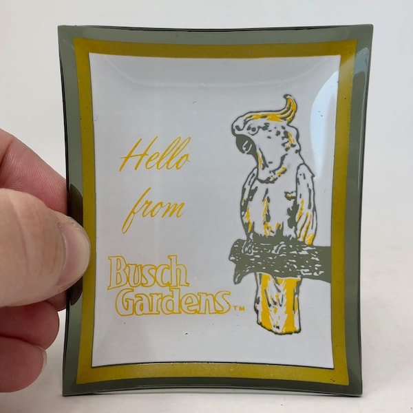 Vintage Hello From Busch Gardens Cockatoo Smoke Glass Tray Souvenir Gift Ashtray Dish