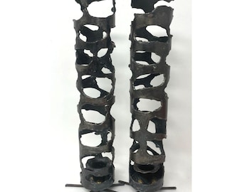 Pair of Mid-Century Brutalist Torch Cut Metal Candle Holders Handmade