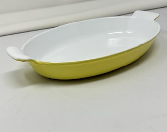 Assadeira de ferro fundido esmaltado Descoware 14-D 26 R amarela, 30,5 cm x 18,4 cm (12" x 7,25"), Bélgica.