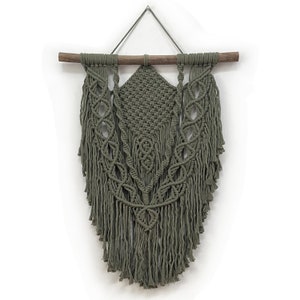 Large moss green macrame wall hanging on a crepe myrtle branch.