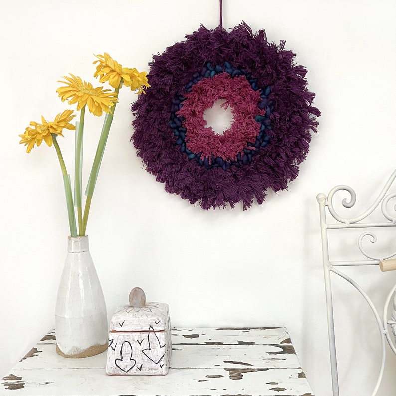 Purple Macrame Wall Flower, Colorful Macrame Wall Flower, Colorful Macrame Wall Hanging, Recycled Macrame Wall Hanging, Boho Macrame Hanging image 2