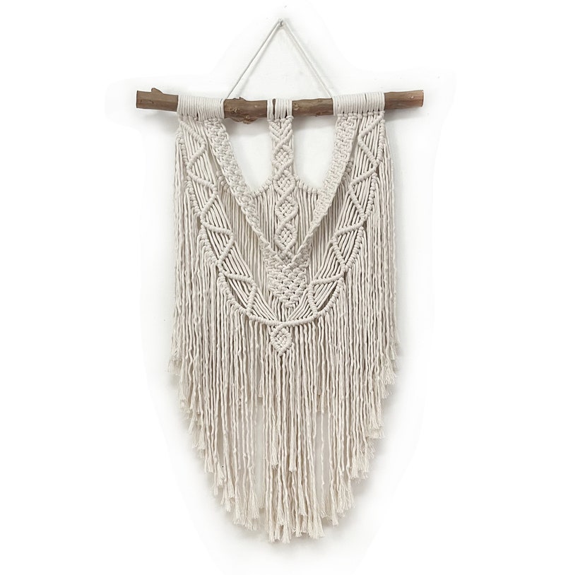 Large neutral macrame wall hanging on a crepe myrtle branch.