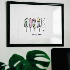 You're Cool Water Color Art Print, Summer time artwork, novelty custom gifts, leuke verjaardagskaarten voor kinderen, leuke kaarten voor hem, kleine prints