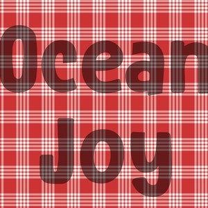 May include: Red and white plaid background with the text "Ocean Joy" in black.