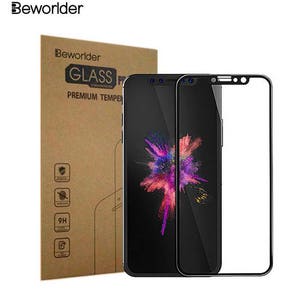 May include: A black phone case with a clear back and a colorful abstract design. The case is made of tempered glass and is 9H hardness. The case is shown on a brown box with the text "Beworlder Glass Premium Tempered Glass" printed on it.