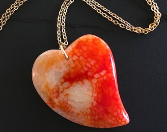 Agate Heart Necklace Dragon's Vein in Orange-Peach-Ivory | Natural Carved Stone on 28" Gold-Plated Cable Chain | Love Stoned Heart Pendant