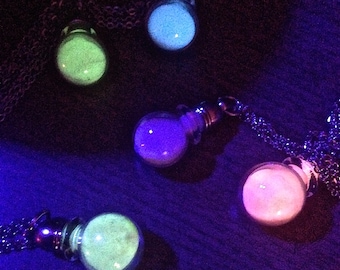 Glow In the Dark Necklace Mini Glass Bottle Potion Vial Filled with Glowing Powder on 17" Stainless Steel Flat Cable Style Chain