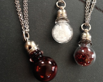 Mini Glass Bottle Potion Vial Pendant Necklace on Stainless Steel Chain--Fake Blood // Salt // Saffron--WICCAN