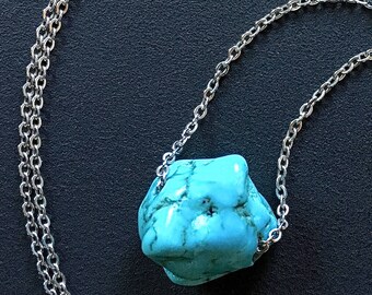 Türkis Howlite Halskette Nugget | Naturstein auf 30" Edelstahl flach Kabelkette / / Hippie / / spirituellen Schmuck