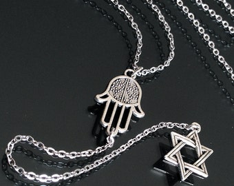 Silver Star of David & Hamsa/Hamesh Y-Style Necklace on Stainless Steel Chain // Hanukkah // Hand of Miriam // Hand of Fatima