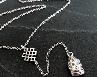 Silber Buddha Halskette w / kleine ewige Knoten Y-Stil Anhänger auf dünnen Edelstahl flache Kabelkette / / Zen
