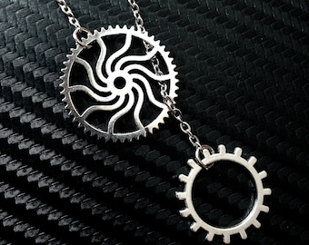 Silber Steampunk Gear Lariat Anhänger Halskette auf Edelstahl flache Kabelkette
