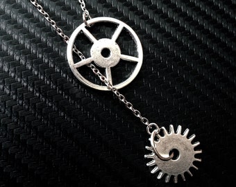 Silber Steampunk Gear Lariat Anhänger Halskette auf Edelstahl flache Kabelkette