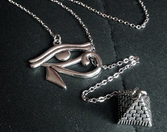 Silber ägyptische Auge von Horus & Pyramide Lariat Anhänger Halskette--Edelstahl-Kette / / Ägypten