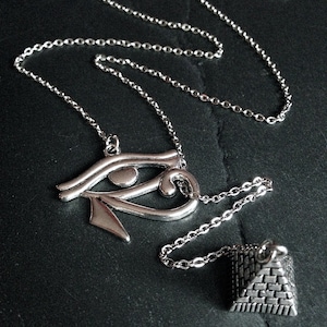 Silver Egyptian Eye of Horus & Pyramid Lariat Pendant Necklace--Stainless Steel Chain // Egypt