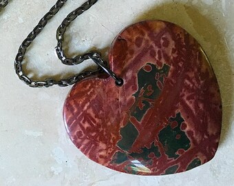 Jasper Heart Necklace in Dark Red-Peach-Black | Natural Carved Stone on 30" Gunmetal Cable Chain | The Love Stoned Heart Pendant