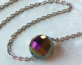 Lila Gold Kristall Halskette | Single 'Disco Ball' schillernde facettierte Perle auf 16"/22" Edelstahl Flachseilkette