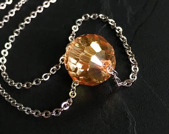 Orange Kristall Halskette einzelne schillernde 'Disco Ball' facettierte Perle auf 22" Edelstahl flach Kabel Stil Kette