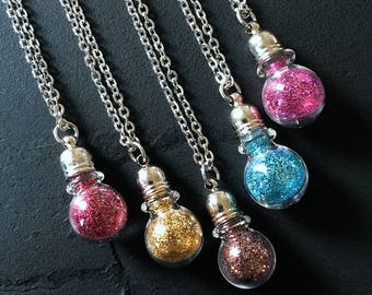Glitzer Staub Flasche Halskette--Mini Glitter-filled Trank Vial Anhänger auf 17" Edelstahl flach Seil Stil Kette / / Reis Vial / / Fee