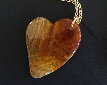 Agate Heart Necklace Dragon's Vein in Amber-Yellow | Natural Carved Stone on 30" Gold-Plated Flat Cable Chain | Love Stoned Heart Pendant