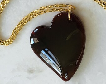 Agate Heart Necklace Dragon's Vein in Oxblood Red | Natural Carved Stone on 24" Gold Tone Flat Cable Chain | The Love Stoned Heart Pendant