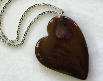 Agate Heart Necklace Dragon's Vein in Brown-Purple | Natural Carved Stone on 30" Stainless Steel Chain | The Love Stoned Heart Pendant2