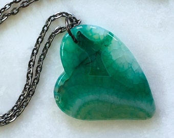Agate Heart Necklace Dragon's Vein in Minty Green-White | Natural Carved Stone on 30" Gunmetal Chain | The Love Stoned Heart Pendant