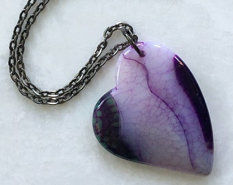 Agate Heart Necklace Dragon's Vein in Light Pink-Teal-Purple | Natural Carved Stone on 30" Gunmetal Chain | The Love Stoned Heart Pendant