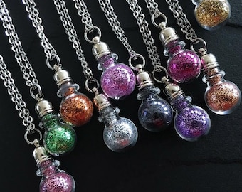 Glitter-Filled Mini Glass Bottle Potion Vial Necklace on 16" Stainless Steel Flat Cable Style Chain