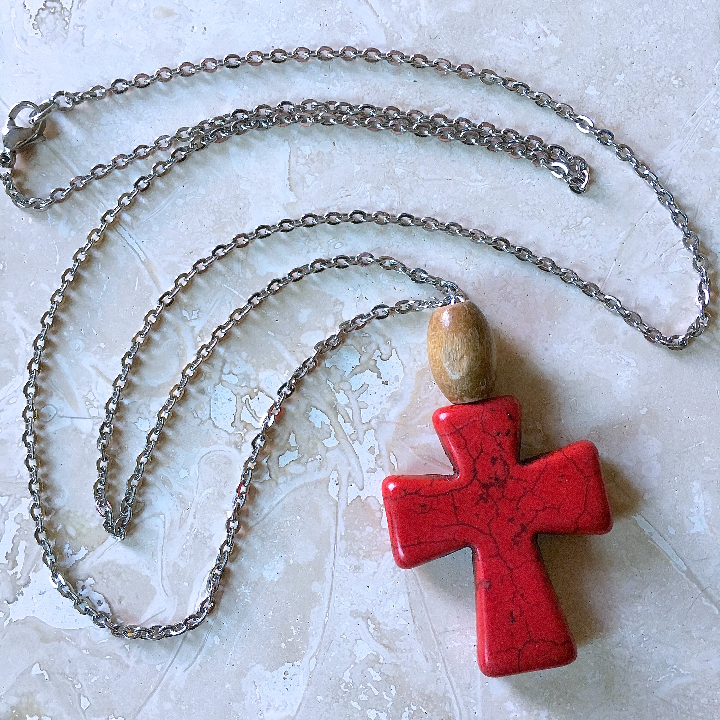 Red Howlite Cross Necklace With Wooden Bead | Natural Carved Stone on ...