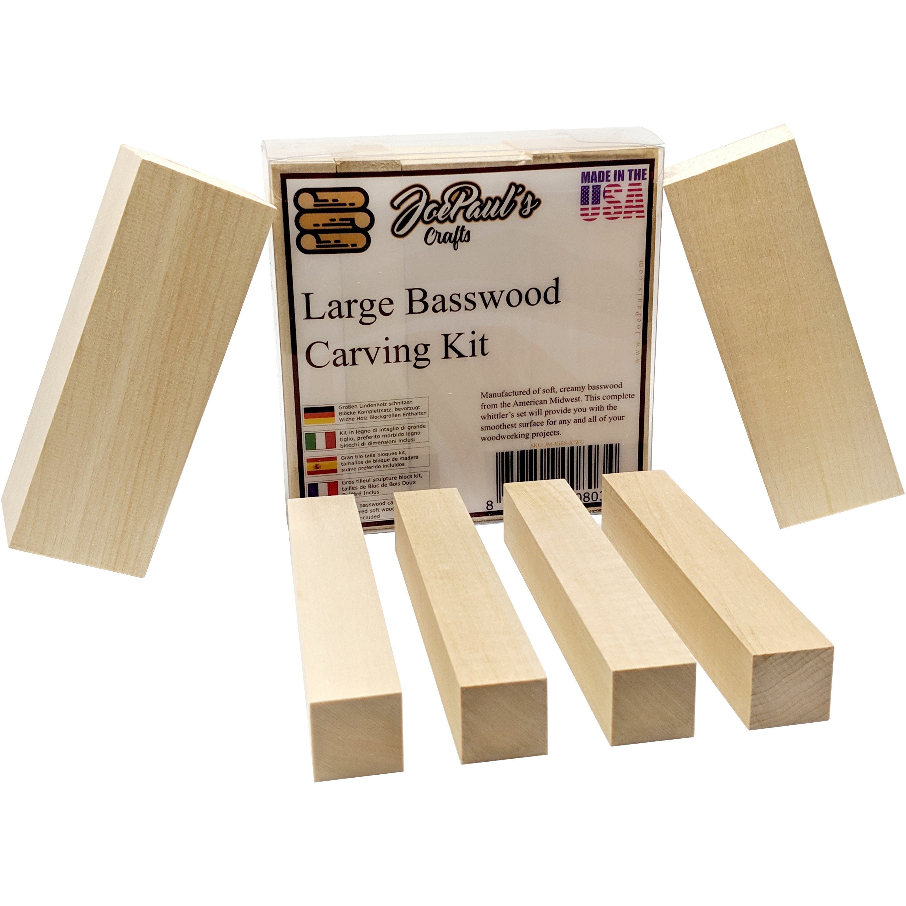 4 Pack Unfinished Basswood Carving Blocks Kit, Kiln Dried