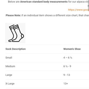 May include: A digital size chart for socks displayed on a webpage. The table lists sizes from Small to XX-Large with corresponding shoe size ranges from 4 to 13+. A black and white line drawing of a sock is positioned above the table header.
