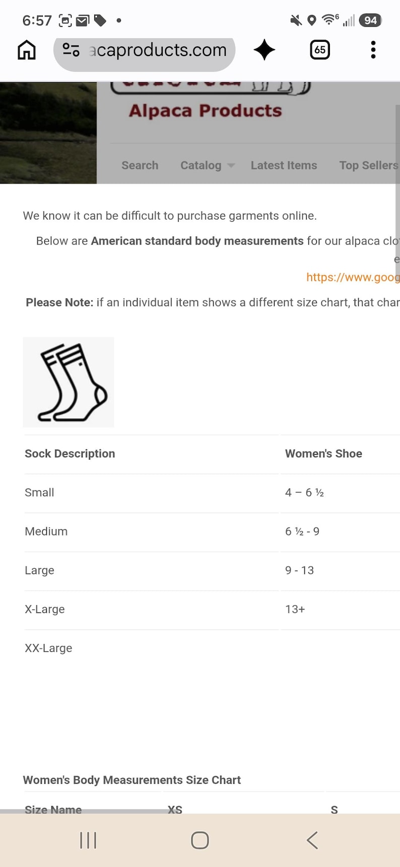 May include: A digital size chart for socks displayed on a webpage. The table lists sizes from Small to XX-Large with corresponding shoe size ranges from 4 to 13+. A black and white line drawing of a sock is positioned above the table header.