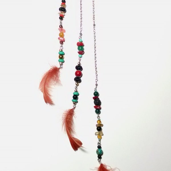 Boho Black Hemp Ear Cuff with Red Chip Bamboo Coral, Lava stone, Crackle stones, Amber Feathers and Re-Purposed Metal and Seed Beads