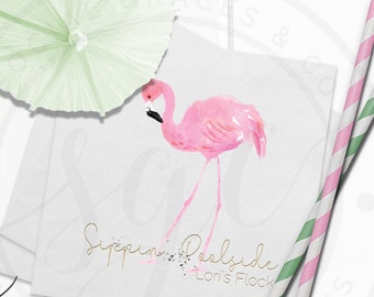Personalized Cocktail Napkins, set of 100 Watercolor + letterpress foil napkins- Flamingo, digitally printed