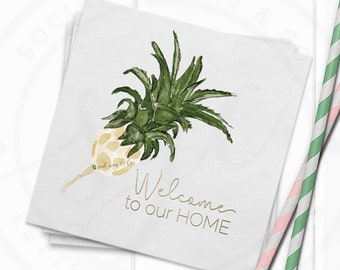 Pineapple Cocktail Party Napkins | Hand Painted Watercolor Illustration | Foil Imprint | Set of 100 Personalized Napkins