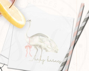 Personalized Cocktail Napkins, Hand Painted Watercolor Ostrich Digital Print + Foil Imprint