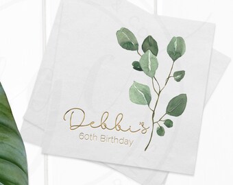 Personalized Cocktail Napkins 30th, 40th, 50th or 60th Birthday Party, watercolor leaf digital print + foil imprint