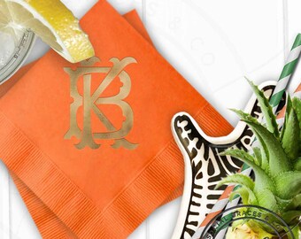 Orange Cocktail Napkins, Two Initial Monogram Foil Imprint