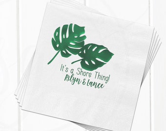 Personalized Tropical Wedding Napkins, Monstera Palm Leaf