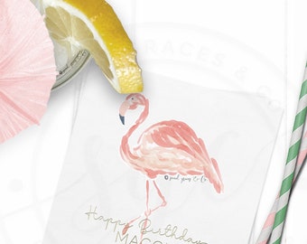 Flamingo Cocktail Party Napkins | Hand Painted Watercolor Illustration | Foil Imprint | Set of 100 Personalized Napkins