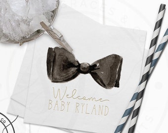 Baby Boy Shower or Birthday Napkins Set of a 100 printed cocktail size, Watercolor Bow Tie Digital Print plus Letterpress Foil