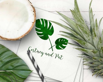 Personalized Wedding Napkins, Tropical Palm Leaf