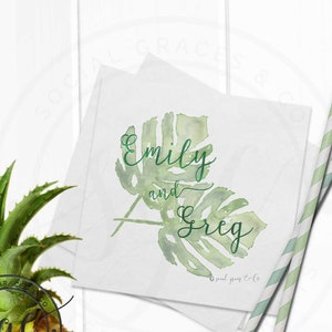 Monstera Leaf Hand Painted Watercolor Cocktail Napkins, Digital Print Letterpress Foil Personalized Wedding Napkins green foil