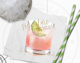 Signature Drink Watercolor Cocktail Napkins, Digital Print + Letterpress Foil Personalized Wedding Party Drink Napkin