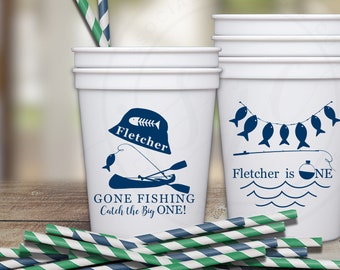 Gone Fishing 1st Birthday Party Favor Personalized Plastic Printed Cups