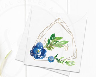 Personalized Blue Floral Wedding Napkins, watercolor roses + foil imprint monogram, sold in sets of 100